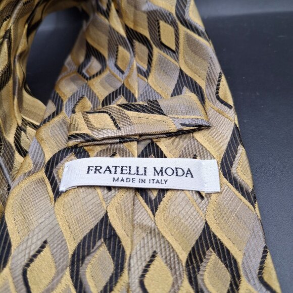 Fratelli Moda Italian Silk Tie Gold & Black Geometric Diamond Pattern - Picture 3 of 4